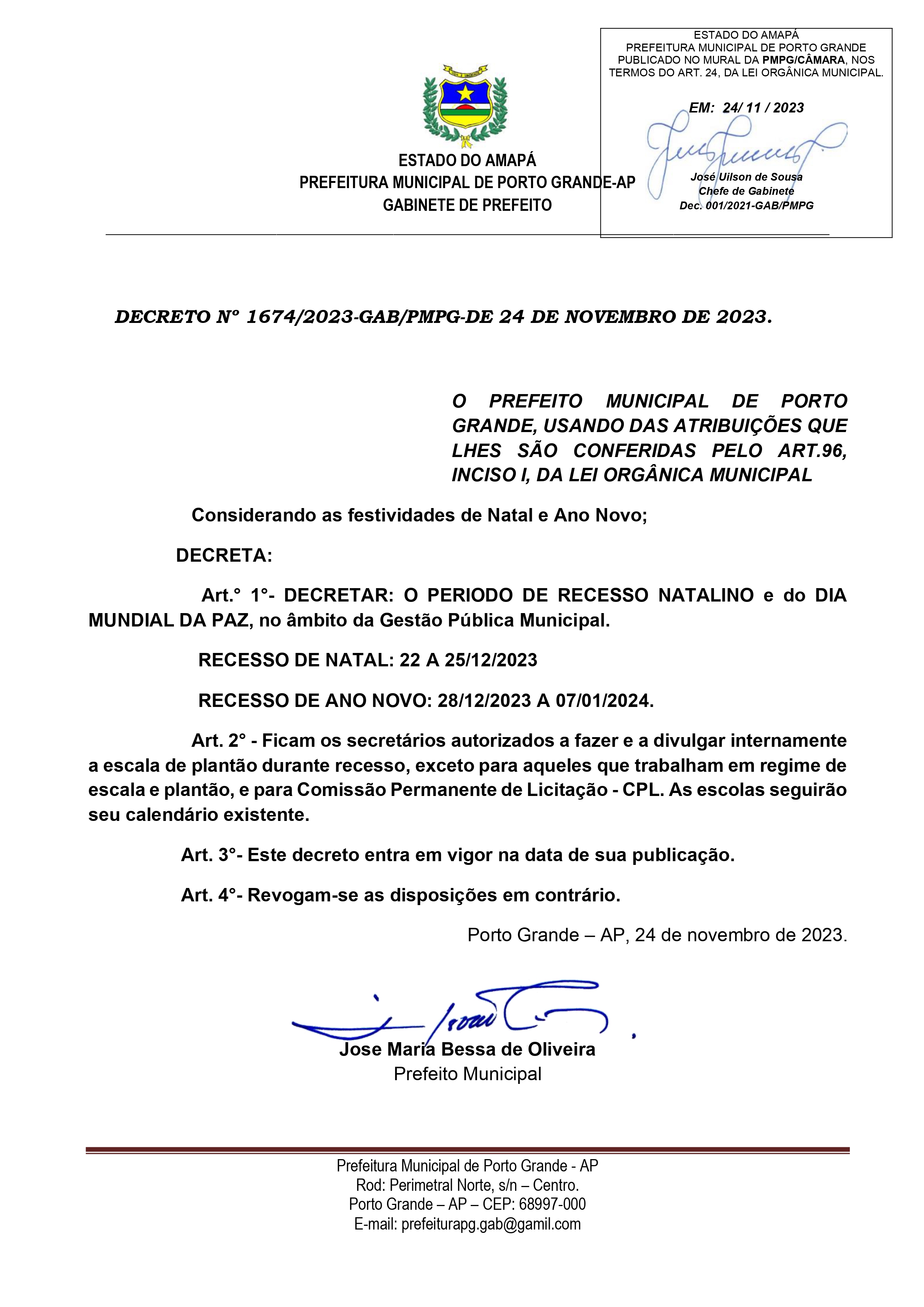 DECRETO Nº 1674.2023-GAB/PMPG